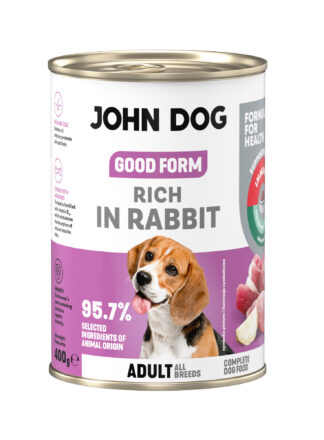 Puszka mokrej karmy dla psa John Dog Good Form Rich in Rabbit Adult 400 g. Na biało fioletowej etykiecie znajduje się zdjęcie psa rasy beagle oraz napisy z informacjami o karmie.