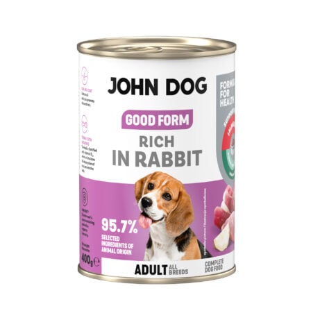 Puszka mokrej karmy dla psa John Dog Good Form Rich in Rabbit Adult 400 g. Na biało fioletowej etykiecie znajduje się zdjęcie psa rasy beagle oraz napisy z informacjami o karmie.