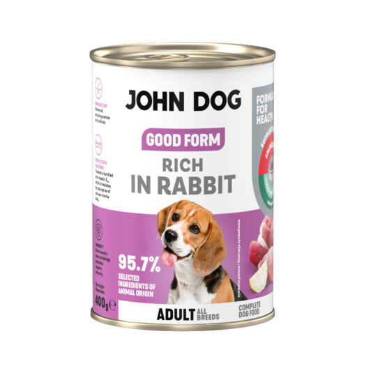 Puszka mokrej karmy dla psa John Dog Good Form Rich in Rabbit Adult 400 g. Na biało fioletowej etykiecie znajduje się zdjęcie psa rasy beagle oraz napisy z informacjami o karmie.