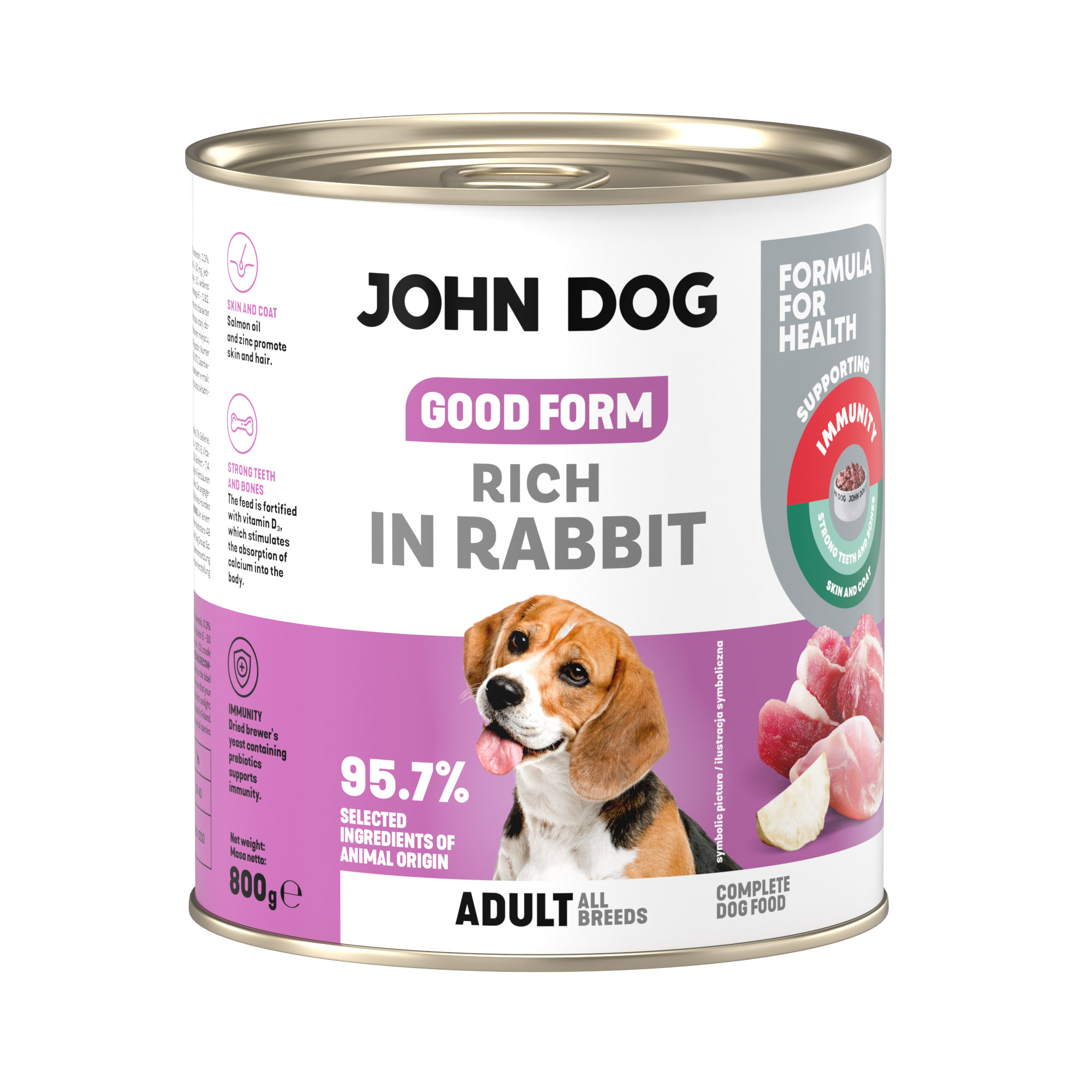 Puszka mokrej karmy dla psa John Dog Good Form Rich in Rabbit Adult 800 g. Na biało fioletowej etykiecie znajduje się zdjęcie psa rasy beagle oraz napisy z informacjami o karmie.