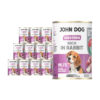 12 puszek mokrej karmy dla psa John Dog Good Form Rich in Rabbit Adult 400 g. Na biało fioletowej etykiecie znajduje się zdjęcie psa rasy beagle oraz napisy z informacjami o karmie.