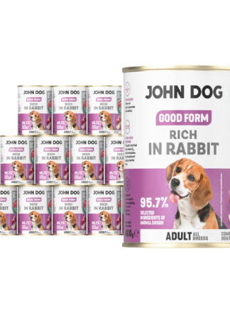 12 puszek mokrej karmy dla psa John Dog Good Form Rich in Rabbit Adult 400 g. Na biało fioletowej etykiecie znajduje się zdjęcie psa rasy beagle oraz napisy z informacjami o karmie.