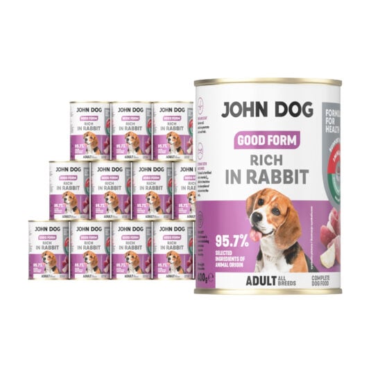 12 puszek mokrej karmy dla psa John Dog Good Form Rich in Rabbit Adult 400 g. Na biało fioletowej etykiecie znajduje się zdjęcie psa rasy beagle oraz napisy z informacjami o karmie.