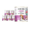 6 puszek mokrej karmy dla psa John Dog Good Form Rich in Rabbit Adult 800 g. Na biało fioletowej etykiecie znajduje się zdjęcie psa rasy beagle oraz napisy z informacjami o karmie.