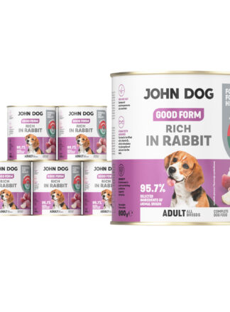 6 puszek mokrej karmy dla psa John Dog Good Form Rich in Rabbit Adult 800 g. Na biało fioletowej etykiecie znajduje się zdjęcie psa rasy beagle oraz napisy z informacjami o karmie.