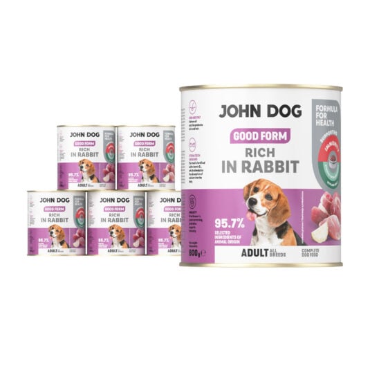 6 puszek mokrej karmy dla psa John Dog Good Form Rich in Rabbit Adult 800 g. Na biało fioletowej etykiecie znajduje się zdjęcie psa rasy beagle oraz napisy z informacjami o karmie.