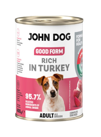 Puszka mokrej karmy dla psa John Dog Good Form Rich in Turkey Adult 400 g. Na biało różowej etykiecie znajduje się zdjęcie psa rasy jack russel terier oraz napisy z informacjami o karmie.