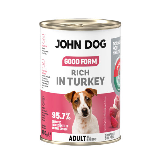 Puszka mokrej karmy dla psa John Dog Good Form Rich in Turkey Adult 400 g. Na biało różowej etykiecie znajduje się zdjęcie psa rasy jack russel terier oraz napisy z informacjami o karmie.