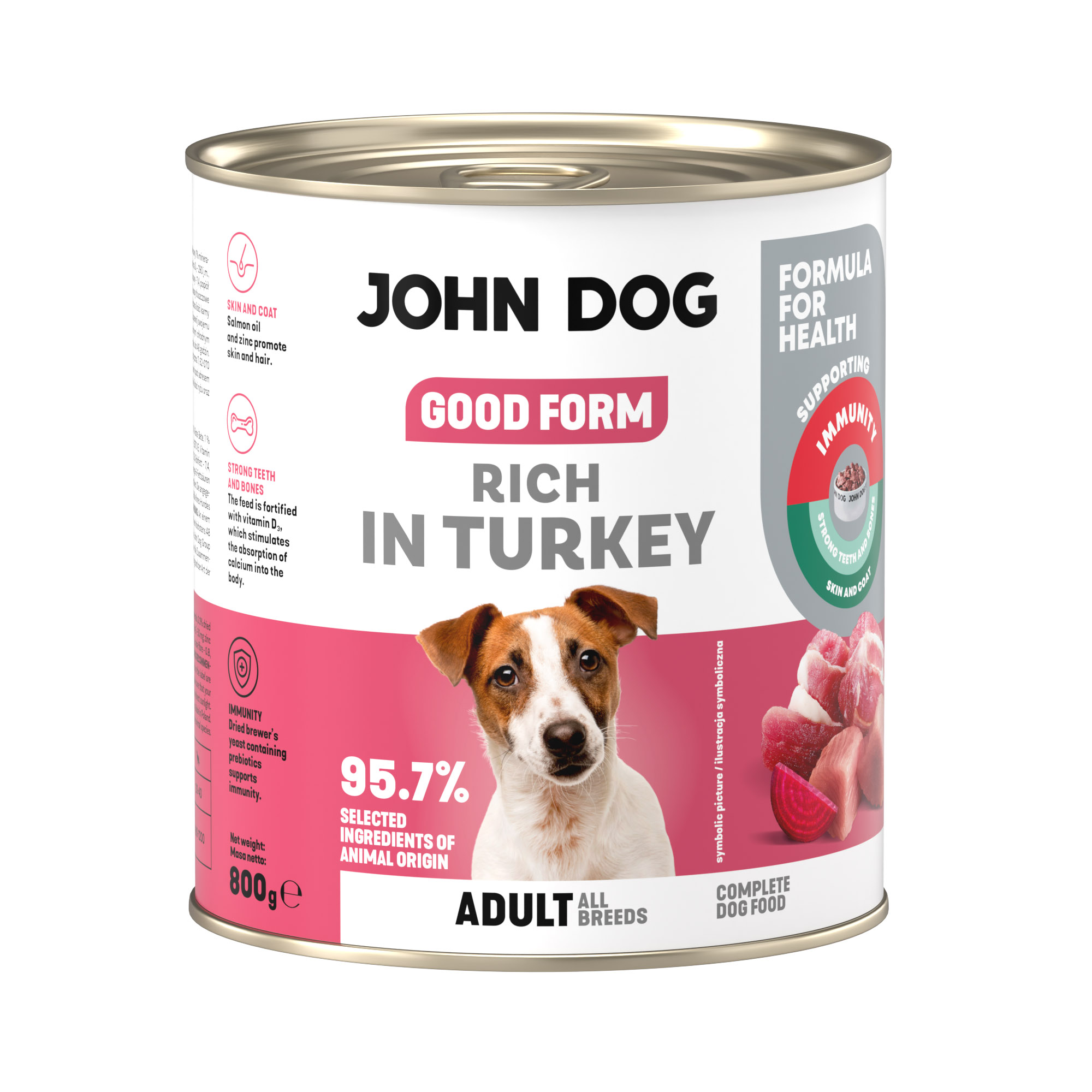 Puszka mokrej karmy dla psa John Dog Good Form Rich in Turkey Adult 800 g. Na biało różowej etykiecie znajduje się zdjęcie psa rasy jack russel terier oraz napisy z informacjami o karmie..