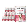 12 puszek mokrej karmy dla psa John Dog Good Form Rich in Turkey Adult 400 g. Na biało różowej etykiecie znajduje się zdjęcie psa rasy jack russel terier oraz napisy z informacjami o karmie.