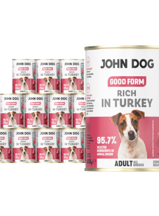 12 puszek mokrej karmy dla psa John Dog Good Form Rich in Turkey Adult 400 g. Na biało różowej etykiecie znajduje się zdjęcie psa rasy jack russel terier oraz napisy z informacjami o karmie.