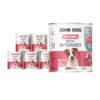 6 puszek mokrej karmy dla psa John Dog Good Form Rich in Turkey Adult 800 g. Na biało różowej etykiecie znajduje się zdjęcie psa rasy jack russel terier oraz napisy z informacjami o karmie.