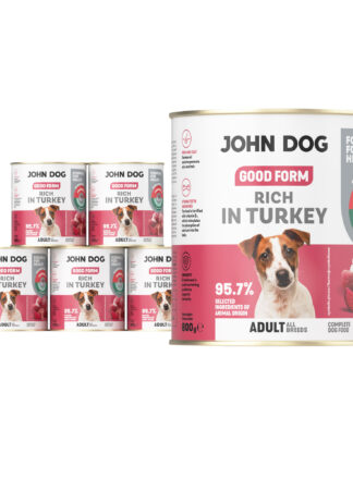 6 puszek mokrej karmy dla psa John Dog Good Form Rich in Turkey Adult 800 g. Na biało różowej etykiecie znajduje się zdjęcie psa rasy jack russel terier oraz napisy z informacjami o karmie.