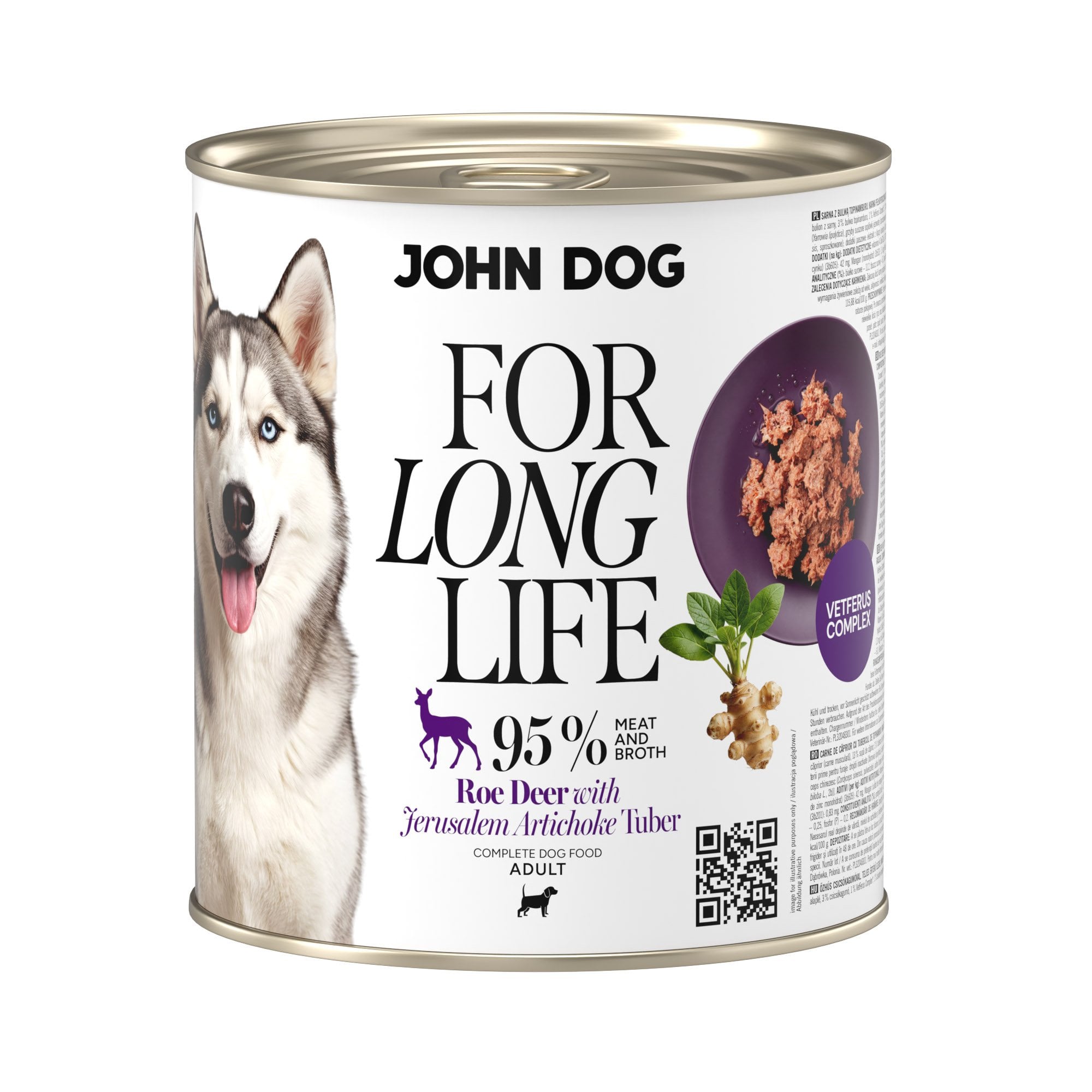Puszka mokrej karmy dla psa John Dog For Long Life roe deer with jerusalem artichoke tuber 800 g. Na białej etykiecie po lewej stronie znajduje się zdjęcie psa rasy husky, po środku napisy z informacjami o karmie, po prawej stronie fioletowy talerz z karmą, ilustracja imbiru i kod qr.