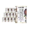 12 puszek mokrej karmy dla psa John Dog For Long Life roe deer with jerusalem artichoke tuber 400 g. Na białej etykiecie po lewej stronie znajduje się zdjęcie psa rasy husky, po środku napisy z informacjami o karmie, po prawej stronie fioletowy talerz z karmą, ilustracja imbiru i kod qr.