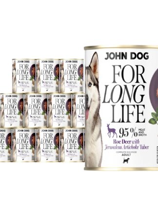 12 puszek mokrej karmy dla psa John Dog For Long Life roe deer with jerusalem artichoke tuber 400 g. Na białej etykiecie po lewej stronie znajduje się zdjęcie psa rasy husky, po środku napisy z informacjami o karmie, po prawej stronie fioletowy talerz z karmą, ilustracja imbiru i kod qr.