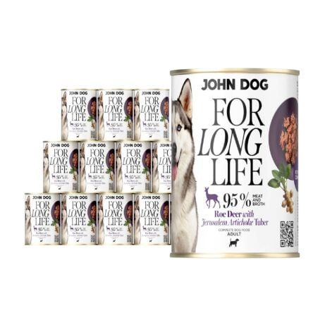 12 puszek mokrej karmy dla psa John Dog For Long Life roe deer with jerusalem artichoke tuber 400 g. Na białej etykiecie po lewej stronie znajduje się zdjęcie psa rasy husky, po środku napisy z informacjami o karmie, po prawej stronie fioletowy talerz z karmą, ilustracja imbiru i kod qr.