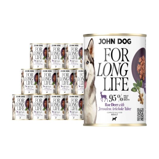 12 puszek mokrej karmy dla psa John Dog For Long Life roe deer with jerusalem artichoke tuber 400 g. Na białej etykiecie po lewej stronie znajduje się zdjęcie psa rasy husky, po środku napisy z informacjami o karmie, po prawej stronie fioletowy talerz z karmą, ilustracja imbiru i kod qr.