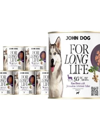 6 puszek mokrej karmy dla psa John Dog For Long Life roe deer with jerusalem artichoke tuber 800 g. Na białej etykiecie po lewej stronie znajduje się zdjęcie psa rasy husky, po środku napisy z informacjami o karmie, po prawej stronie fioletowy talerz z karmą, ilustracja imbiru i kod qr.