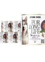 6 puszek mokrej karmy dla psa John Dog For Long Life roe deer with jerusalem artichoke tuber 800 g. Na białej etykiecie po lewej stronie znajduje się zdjęcie psa rasy husky, po środku napisy z informacjami o karmie, po prawej stronie fioletowy talerz z karmą, ilustracja imbiru i kod qr.
