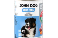 Puszka mokrej karmy dla szczeniąt John Dog Good Form Rich in Beef Puppies 400 g. Na biało niebieskiej etykiecie znajduje się zdjęcie biało czarnego szczeniaka oraz napisy z informacjami o karmie.