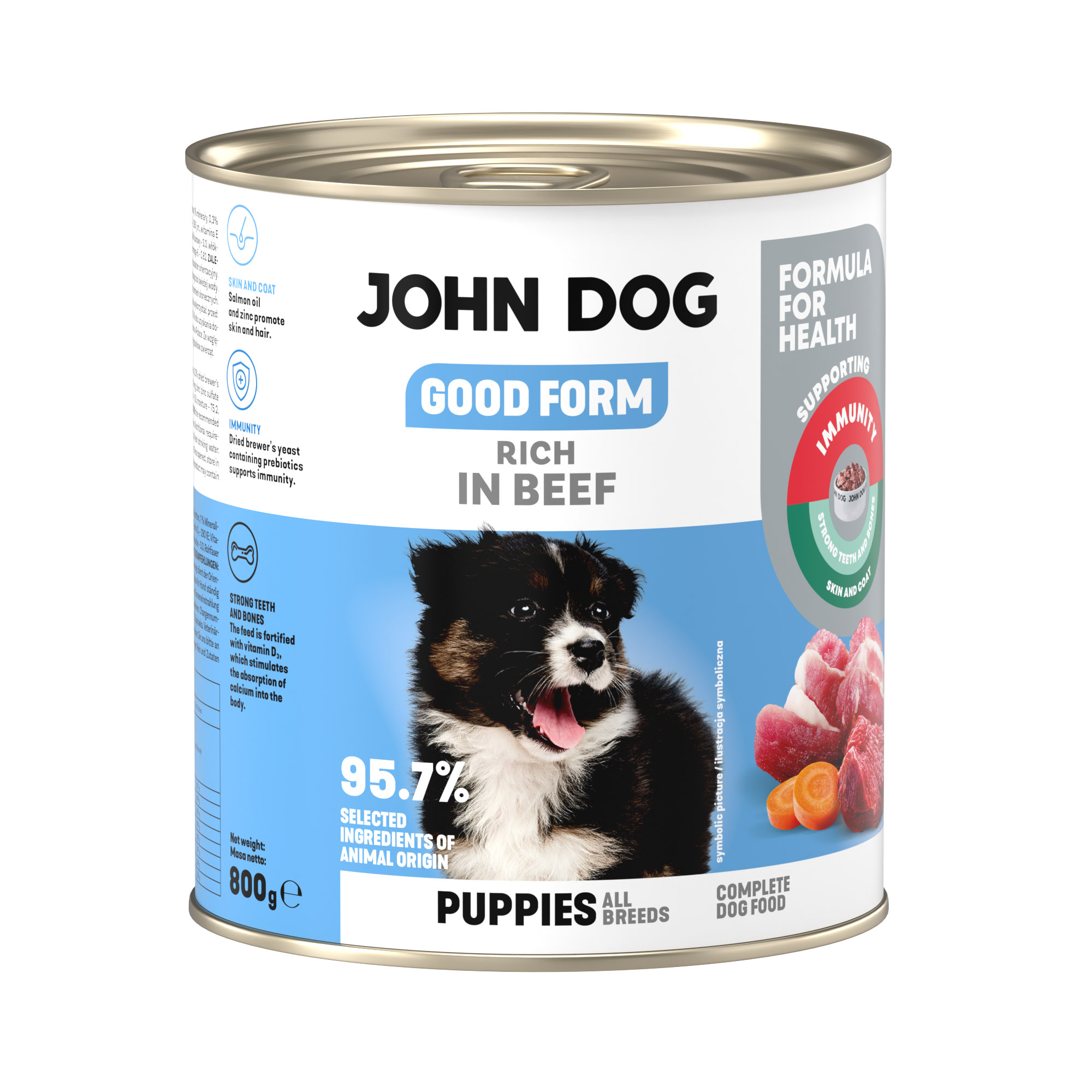 Puszka mokrej karmy dla szczeniąt John Dog Good Form Rich in Beef Puppies 800 g. Na biało niebieskiej etykiecie znajduje się zdjęcie biało czarnego szczeniaka oraz napisy z informacjami o karmie.