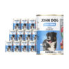 12 puszek mokrej karmy dla szczeniąt John Dog Good Form Rich in Beef Puppies 400 g. Na biało niebieskiej etykiecie znajduje się zdjęcie biało czarnego szczeniaka oraz napisy z informacjami o karmie.
