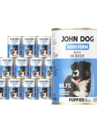 12 puszek mokrej karmy dla szczeniąt John Dog Good Form Rich in Beef Puppies 400 g. Na biało niebieskiej etykiecie znajduje się zdjęcie biało czarnego szczeniaka oraz napisy z informacjami o karmie.