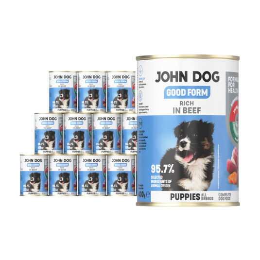 12 puszek mokrej karmy dla szczeniąt John Dog Good Form Rich in Beef Puppies 400 g. Na biało niebieskiej etykiecie znajduje się zdjęcie biało czarnego szczeniaka oraz napisy z informacjami o karmie.