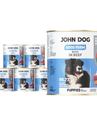 6 puszek mokrej karmy dla szczeniąt John Dog Good Form Rich in Beef Puppies 800 g. Na biało niebieskiej etykiecie znajduje się zdjęcie biało czarnego szczeniaka oraz napisy z informacjami o karmie.