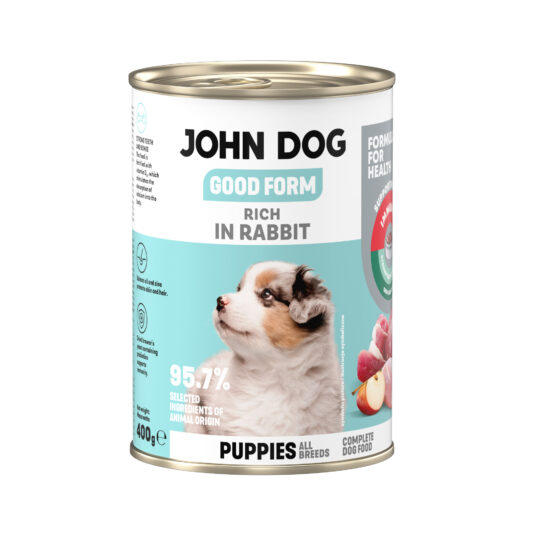 Puszka mokrej karmy dla szczeniąt John Dog Good Form Rich in Rabbit Puppies 400 g. Na biało błękitnej etykiecie znajduje się zdjęcie szczeniaka oraz napisy z informacjami o karmie.