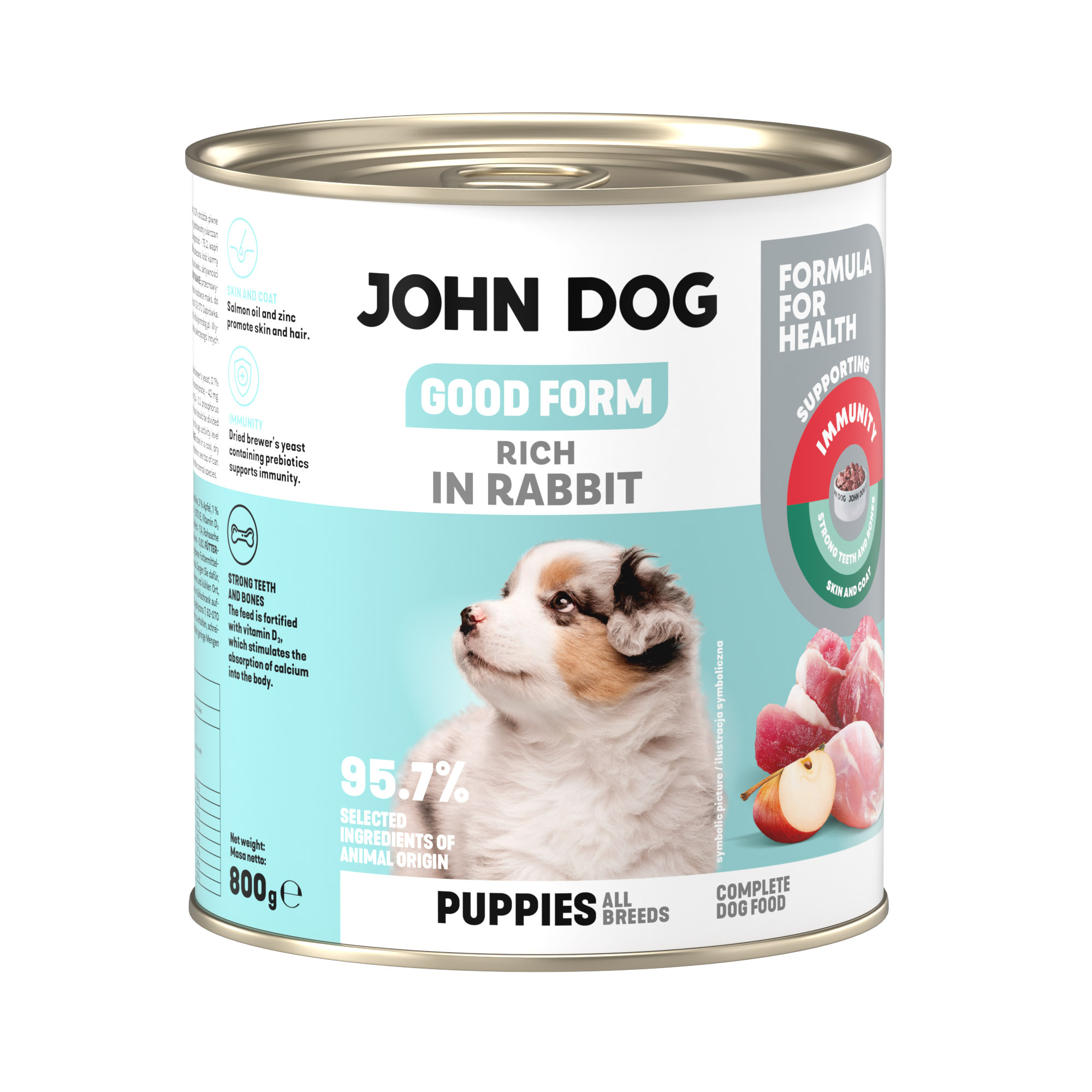Puszka mokrej karmy dla szczeniąt John Dog Good Form Rich in Rabbit Puppies 800 g. Na biało błękitnej etykiecie znajduje się zdjęcie szczeniaka oraz napisy z informacjami o karmie.