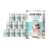 12 puszek mokrej karmy dla szczeniąt John Dog Good Form Rich in Rabbit Puppies 400 g. Na biało błękitnej etykiecie znajduje się zdjęcie szczeniaka oraz napisy z informacjami o karmie.