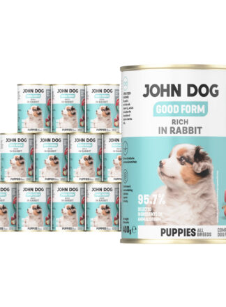 12 puszek mokrej karmy dla szczeniąt John Dog Good Form Rich in Rabbit Puppies 400 g. Na biało błękitnej etykiecie znajduje się zdjęcie szczeniaka oraz napisy z informacjami o karmie.