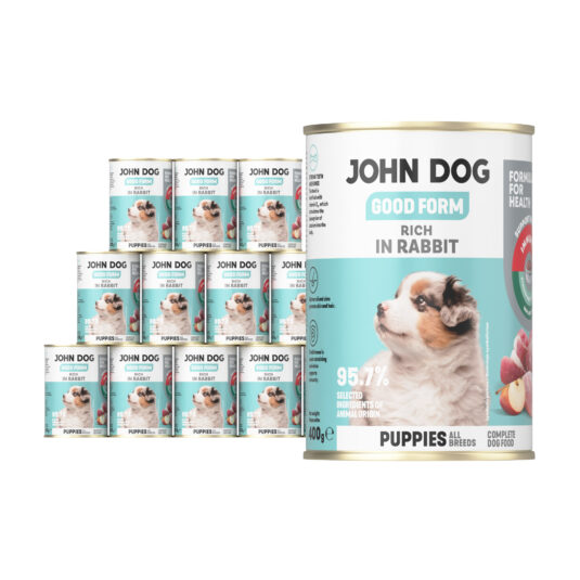 12 puszek mokrej karmy dla szczeniąt John Dog Good Form Rich in Rabbit Puppies 400 g. Na biało błękitnej etykiecie znajduje się zdjęcie szczeniaka oraz napisy z informacjami o karmie.