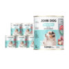 6 puszek mokrej karmy dla szczeniąt John Dog Good Form Rich in Rabbit Puppies 800 g. Na biało błękitnej etykiecie znajduje się zdjęcie szczeniaka oraz napisy z informacjami o karmie.