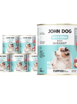 6 puszek mokrej karmy dla szczeniąt John Dog Good Form Rich in Rabbit Puppies 800 g. Na biało błękitnej etykiecie znajduje się zdjęcie szczeniaka oraz napisy z informacjami o karmie.