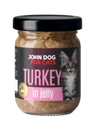 Słoik mokrej karmy z czarnym wieczkiem dla kociąt John Dog for Cats o smaku indyka, w galaretce. Na ciemnej etykiecie widoczny jest szary pasiasty kot i różowe napisy.