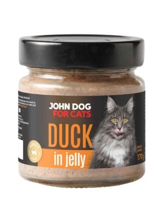 Słoik mokrej karmy z czarnym wieczkiem dla kotów John Dog for Cats o smaku kaczki, w galaretce 170 g. Na ciemnej etykiecie widoczny jest szary puszysty kot i pomarańczowe napisy.