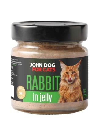 Słoik mokrej karmy z czarnym wieczkiem dla kotów John Dog for Cats o smaku królika, w galaretce 170 g. Na ciemnej etykiecie widoczny jest rudy puszysty kot i zielone napisy.