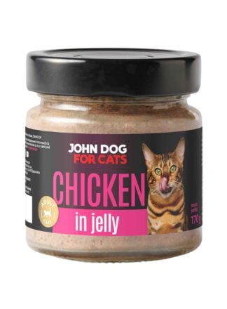 Słoik mokrej karmy z czarnym wieczkiem dla kotów John Dog for Cats o smaku kurczaka, w galaretce 170 g. Na ciemnej etykiecie widoczny jest brązowy pasiasty kot i różowe napisy.