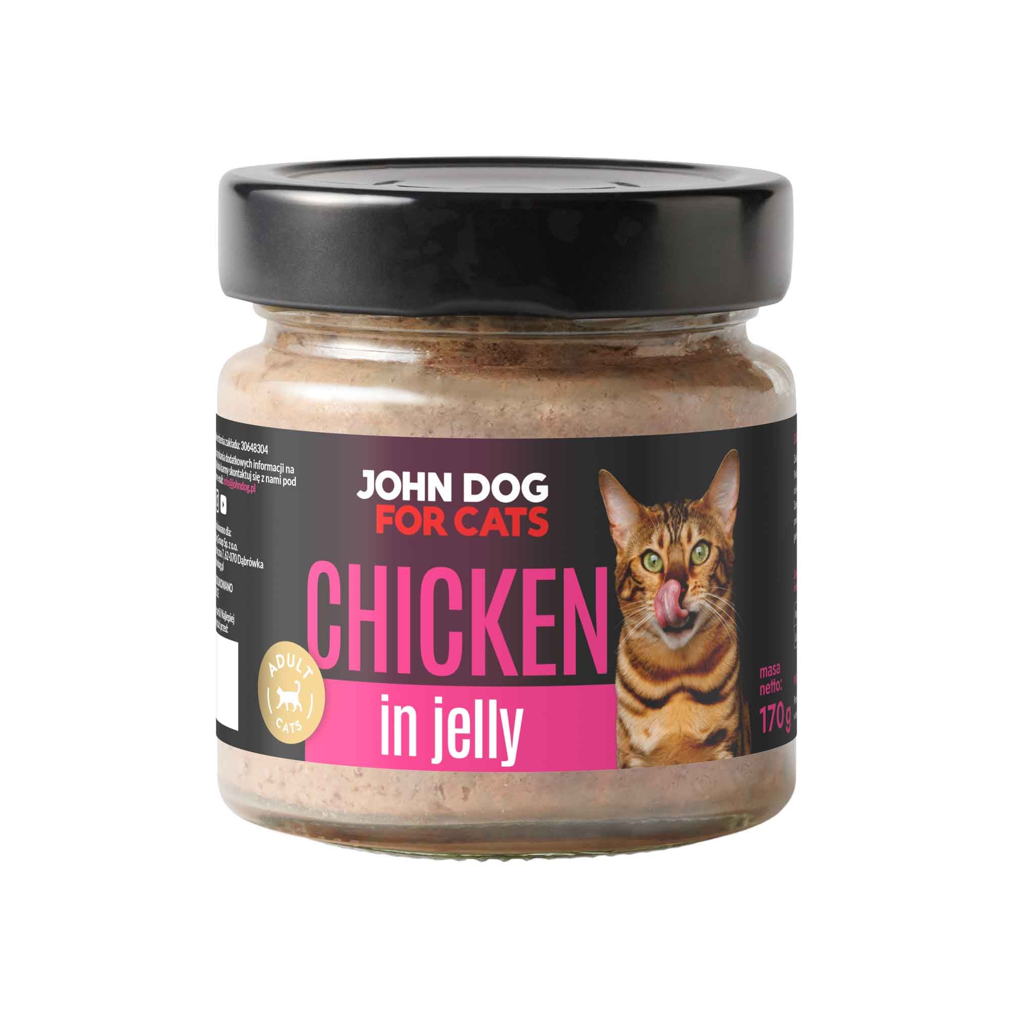 Słoik mokrej karmy z czarnym wieczkiem dla kotów John Dog for Cats o smaku kurczaka, w galaretce 170 g. Na ciemnej etykiecie widoczny jest brązowy pasiasty kot i różowe napisy.