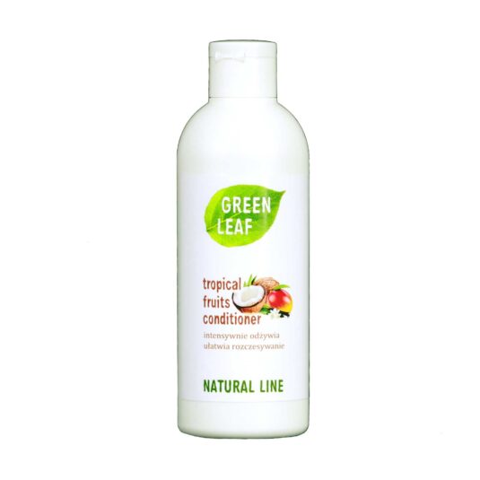 Biała butelka pielęgnującej odzywki do sierści dla psa Tropical Fruits marki Green Leaf.