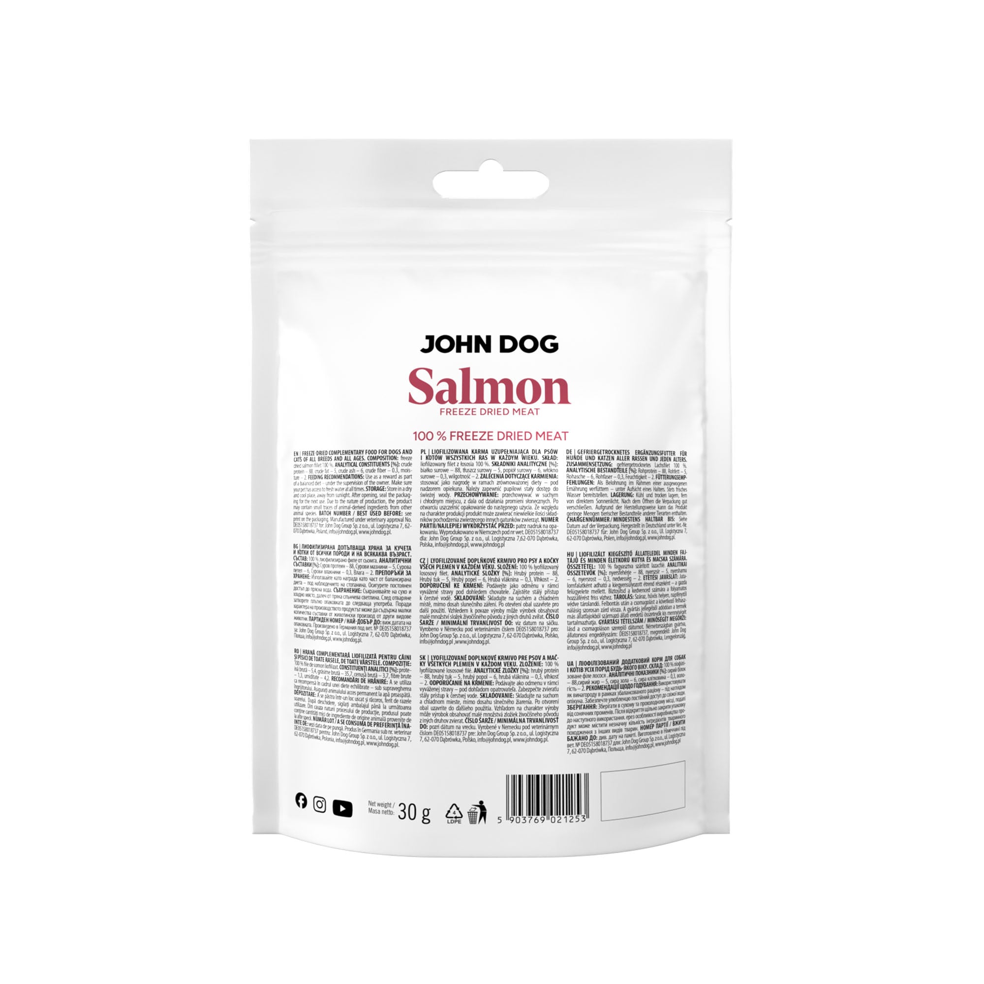 Tył białego opakowania przysmaków freeze dried dla psów i kotów John Dog Salmon Meat. Na etykiecie są umieszczone informacje o przysmakach, infografiki i kod kreskowy.