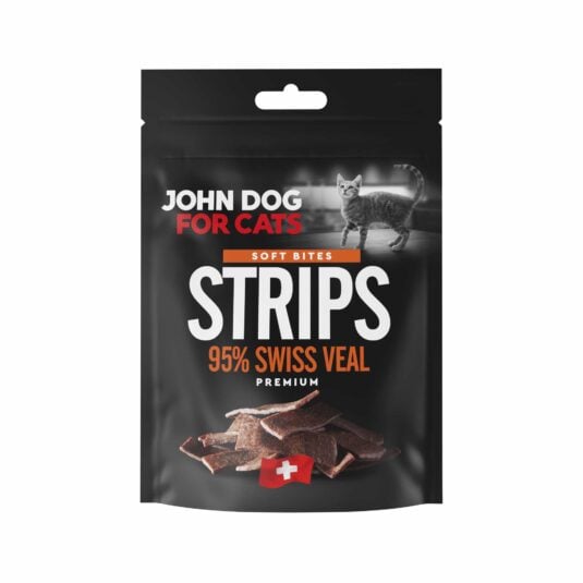 Czarne opakowanie przysmaków dla kotów John Dog for Cats Strips Soft Bites Premium-kawałki zawierające 95% mięsa cielęciny. Na opakowaniu znajduje się zdjęcie kota, grafika suszonych kawałków mięsa oraz symbol szwajcarskiej flagi.