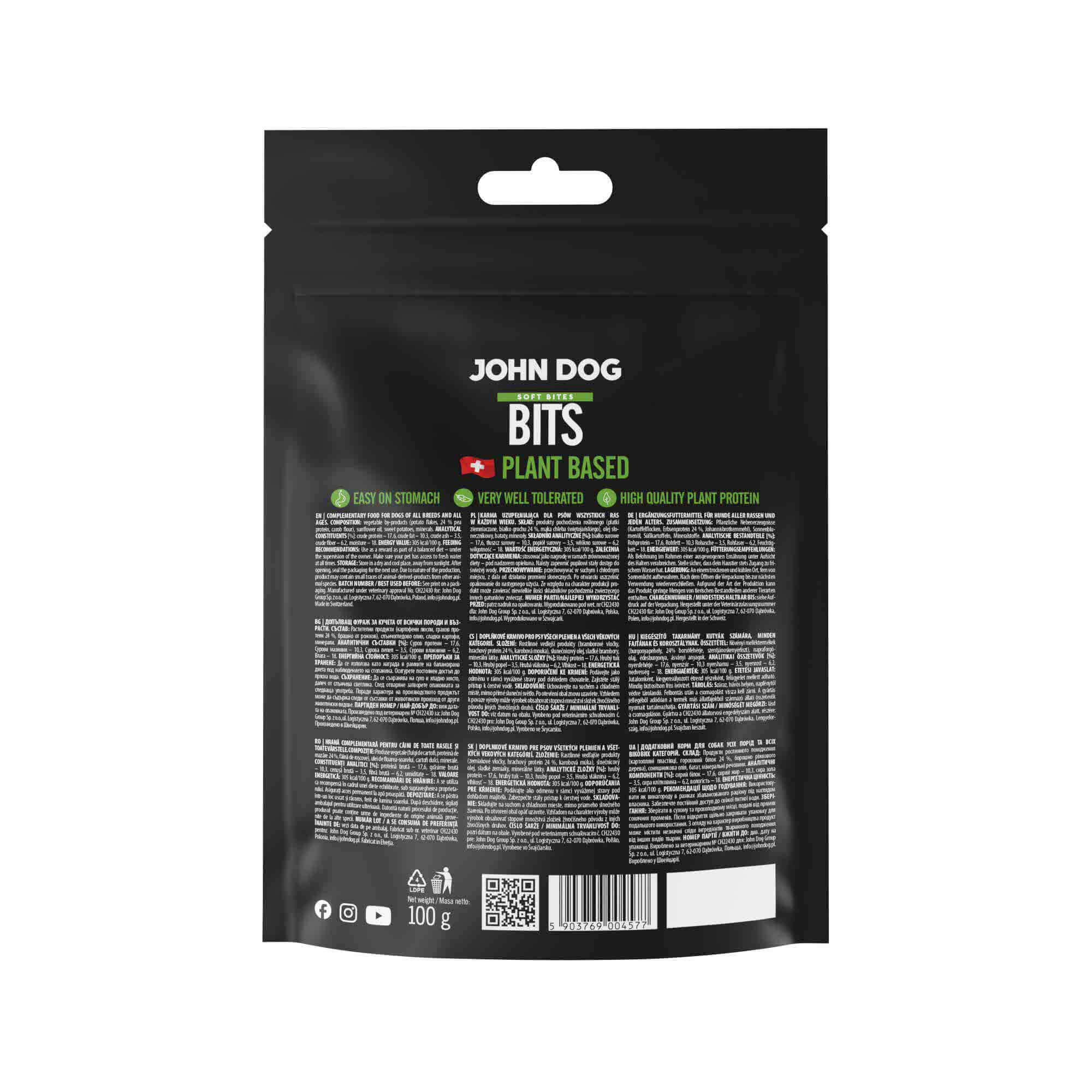 Tylna strona czarnego opakowania przysmaków John Dog Bits Soft Bites. Widoczne są informacje o produkcie, kod kreskowy, kod QR oraz dodatkowe oznaczenia.
