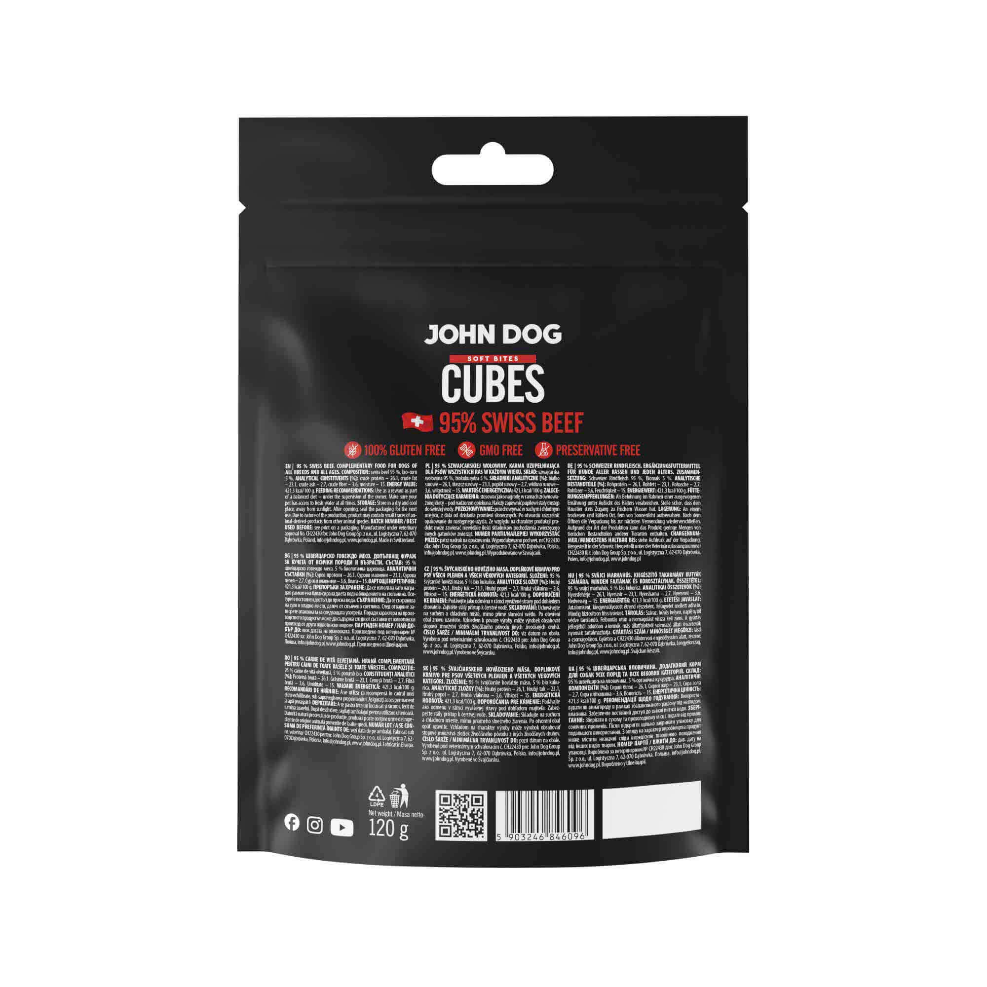 Tylna strona czarnego opakowania przysmaków John Dog Cubes Soft Bites. Widoczne są informacje o produkcie, kod kreskowy, kod QR oraz dodatkowe oznaczenia.