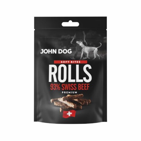 Czarne opakowanie przysmaków dla psów John Dog Rolls Soft Bites Premium-kawałki zawierające 95% mięsa z wołowiny. Na opakowaniu znajduje się zdjęcie psa obok człowieka, grafika suszonych podłużnych kawałków mięsa oraz symbol szwajcarskiej flagi.