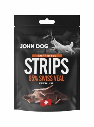 Czarne opakowanie przysmaków dla psów John Dog Strips Soft Bites Premium-kawałki zawierające 95% mięsa z cielęciny. Na opakowaniu znajduje się zdjęcie psa obok człowieka, grafika suszonych cienkich kawałków mięsa oraz symbol szwajcarskiej flagi.