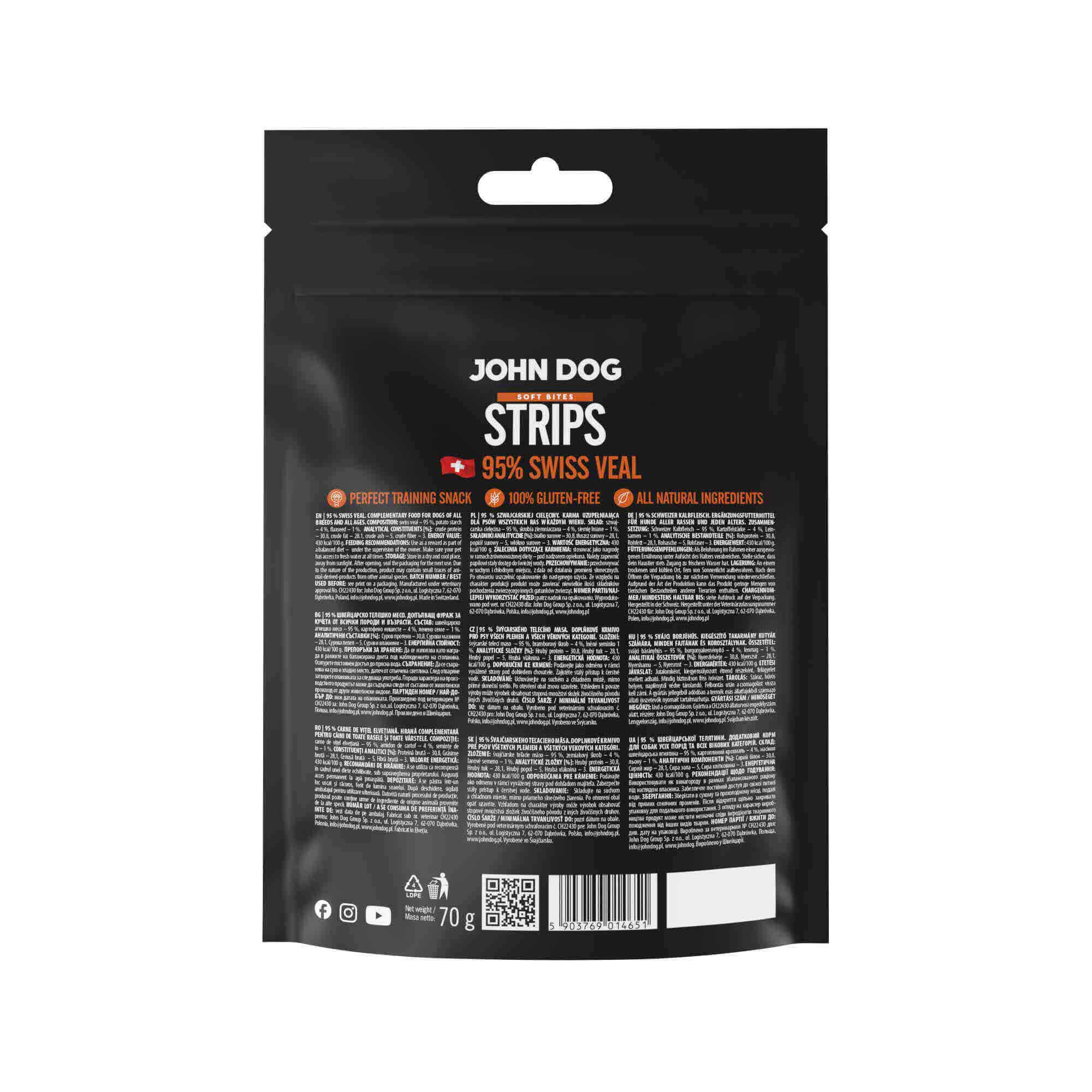 Tylna strona czarnego opakowania przysmaków John Dog Strips Soft Bites. Widoczne są informacje o produkcie, kod kreskowy, kod QR oraz dodatkowe oznaczenia.